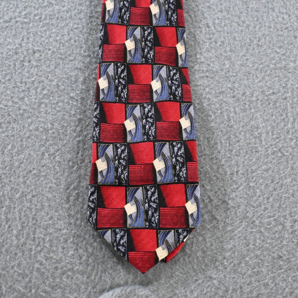 San Marino Mens Vintage 90s Geometric Abstract Silk Necktie OS Red Black
